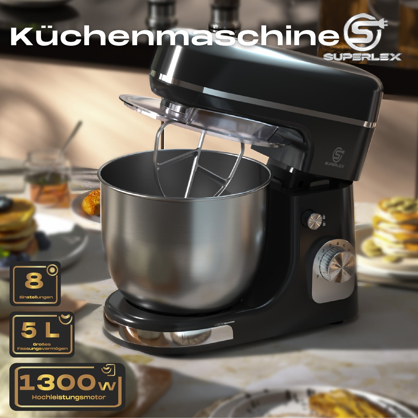 SUPERLEX Batteur sur socle 3 en 1 5L, Machine de cuisine 8 vitesses avec fonction pulsée | Inclut crochet à pâte, fouet et batteur à œufs pour pâtisserie et pain