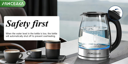 Bouilloire Électrique PANCERKA, Aucun Contact Plastique avec l'Eau, Large Ouverture pour un Nettoyage Facile, Arrêt Automatique, Bouilloire à Thé et à Eau Chaude 1,8 L, Chauffe-Eau et Théière, Noir, 1500W