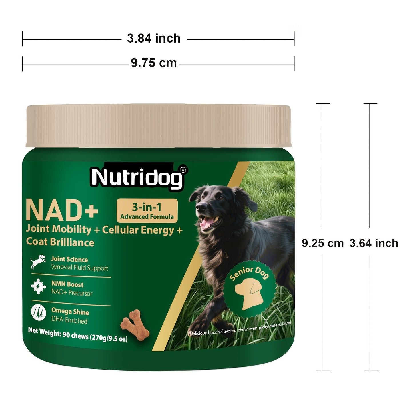Complément NAD pour Chiens Âgés - Complément Articulaire 3-en-1 pour Chiens, Soins de la Peau & du Pelage en Comprimés à Mâcher avec Glucosamine, NMN, Omega-3 - Saveur Bacon, 90 Comprimés