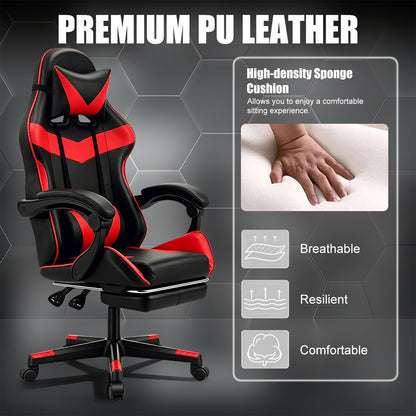 Chaise de Gaming Ergonomique avec Repose-Pieds - Pivotante à 360°, Réglable en Hauteur, Support Lombaire, Mécanisme d'Inclinaison Manuelle, Texture Simili, Rembourrage en Mousse et Cadre en Acier Inoxydable - Pour PC/Bureau