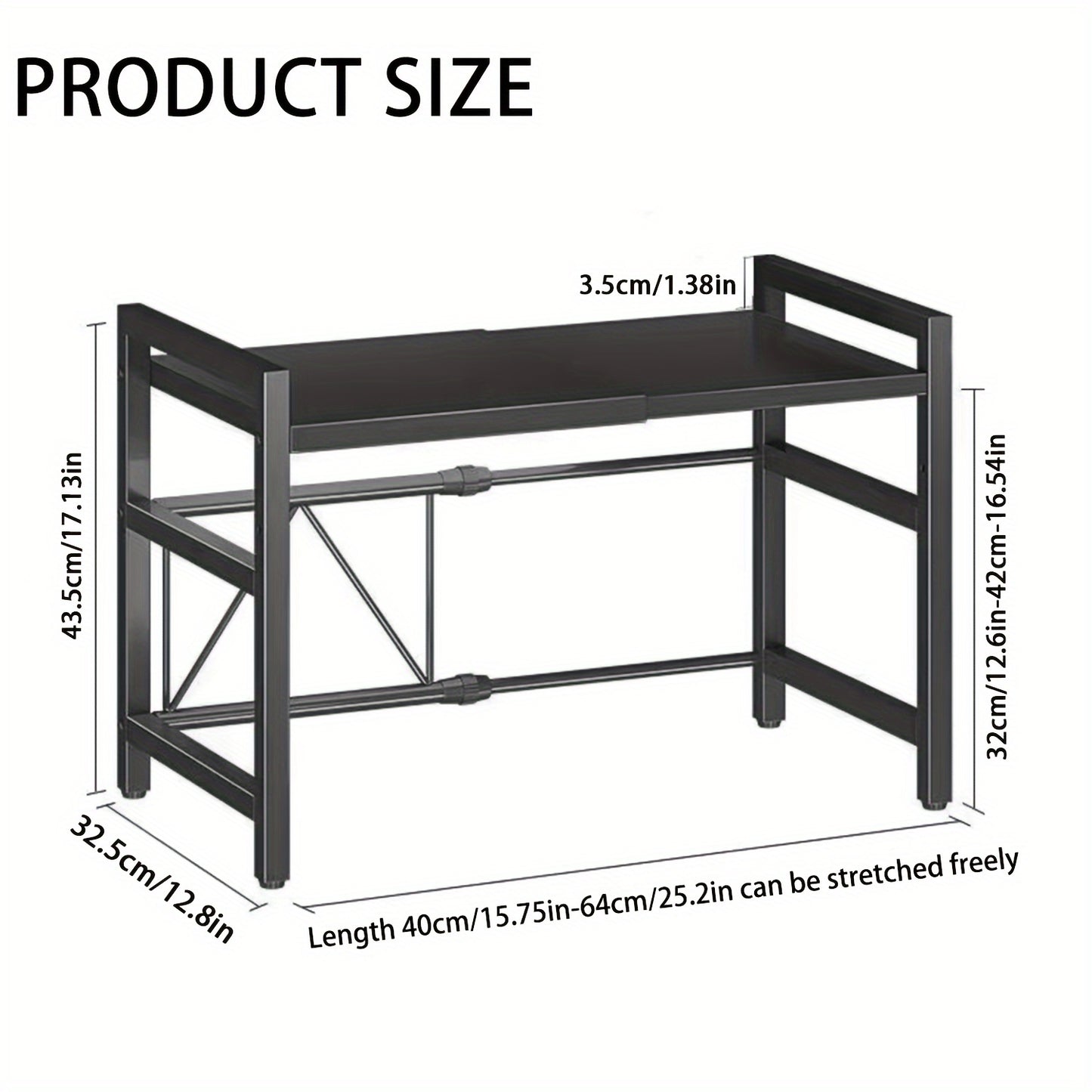Étagère Micro-ondes Extensible 2 Niveaux avec 5 Crochets, Support Planche à Découper et 3 Serviettes, Rangement de Cuisine, Étagère pour Plans de Travail, Extensible 40-64 cm (Noir, Blanc)