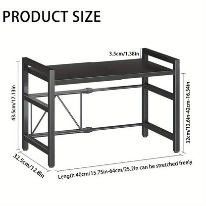Étagère Micro-ondes Extensible 2 Niveaux avec 5 Crochets, Support Planche à Découper et 3 Serviettes, Rangement de Cuisine, Étagère pour Plans de Travail, Extensible 40-64 cm (Noir, Blanc)
