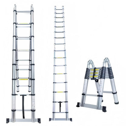 Échelle télescopique pliante en acier inoxydable 5m - Cadre A robuste, capacité de charge maximale 150kg, portée télescopique 2,5m + 2,5m, hauteur de marche réglable, adaptée à un usage intérieur/extérieur, grenier et maison, construction en métal solide,