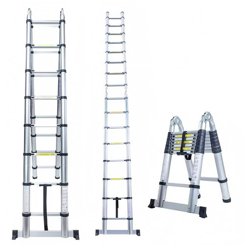 Échelle télescopique pliante en acier inoxydable 5m - Cadre A robuste, capacité de charge maximale 150kg, portée télescopique 2,5m + 2,5m, hauteur de marche réglable, adaptée à un usage intérieur/extérieur, grenier et maison, construction en métal solide,