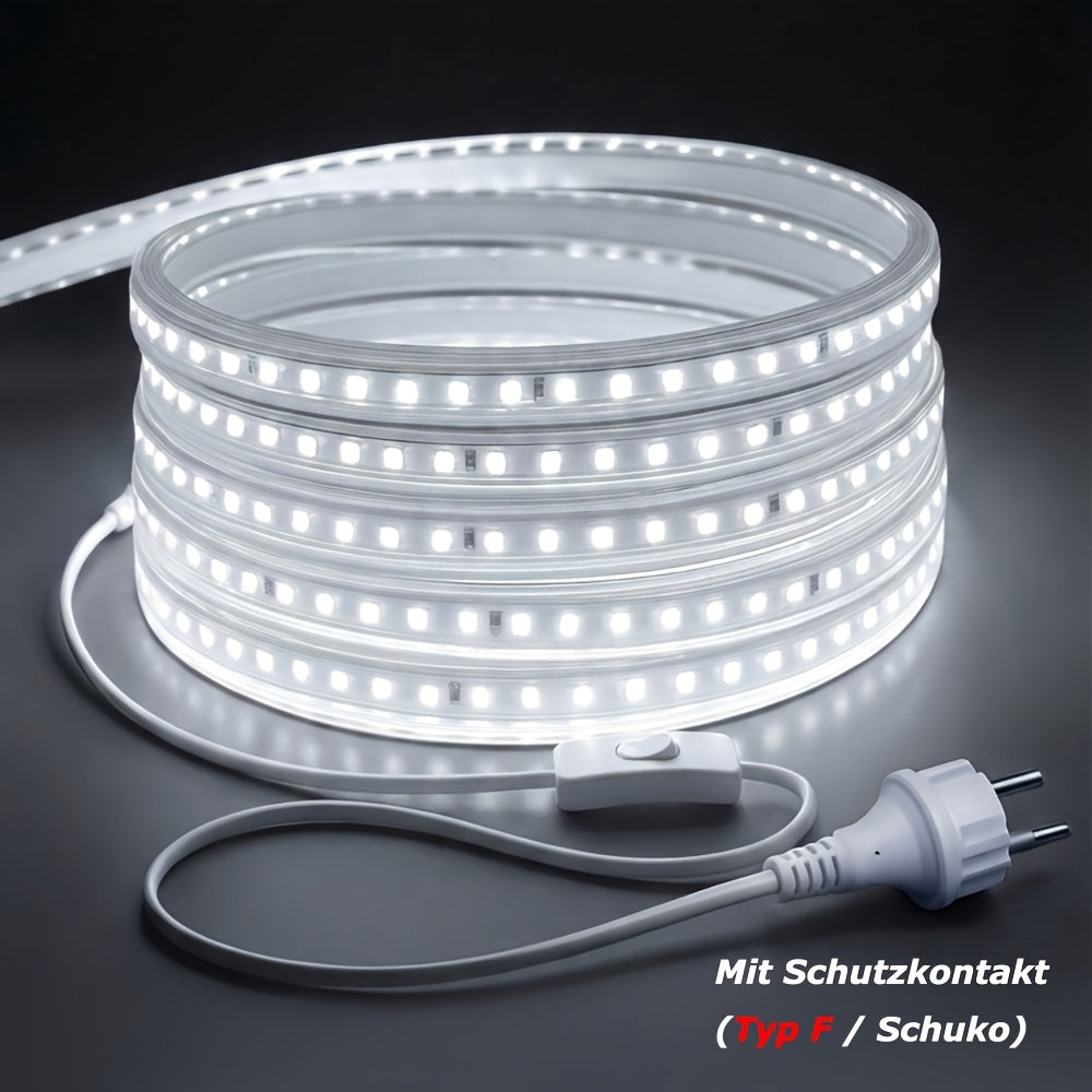 Bande Lumineuse LED 220V 230V IP65, Super Lumineuse 120LEDs/m, Ruban LED Flexible avec Prise EU, Éclairage de Décoration Extérieur/Intérieur pour Cuisine, Jardin, Pièce, Noël, Blanc Froid/Blanc Chaud 2m/5m/30m/50m