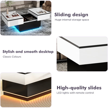 Table basse blanche, table de salon, table d'appoint avec 2 étagères de rangement, 80x58x40 cm, plateau extensible avec bande lumineuse RVB, meuble moderne pour salon, salle de conférence