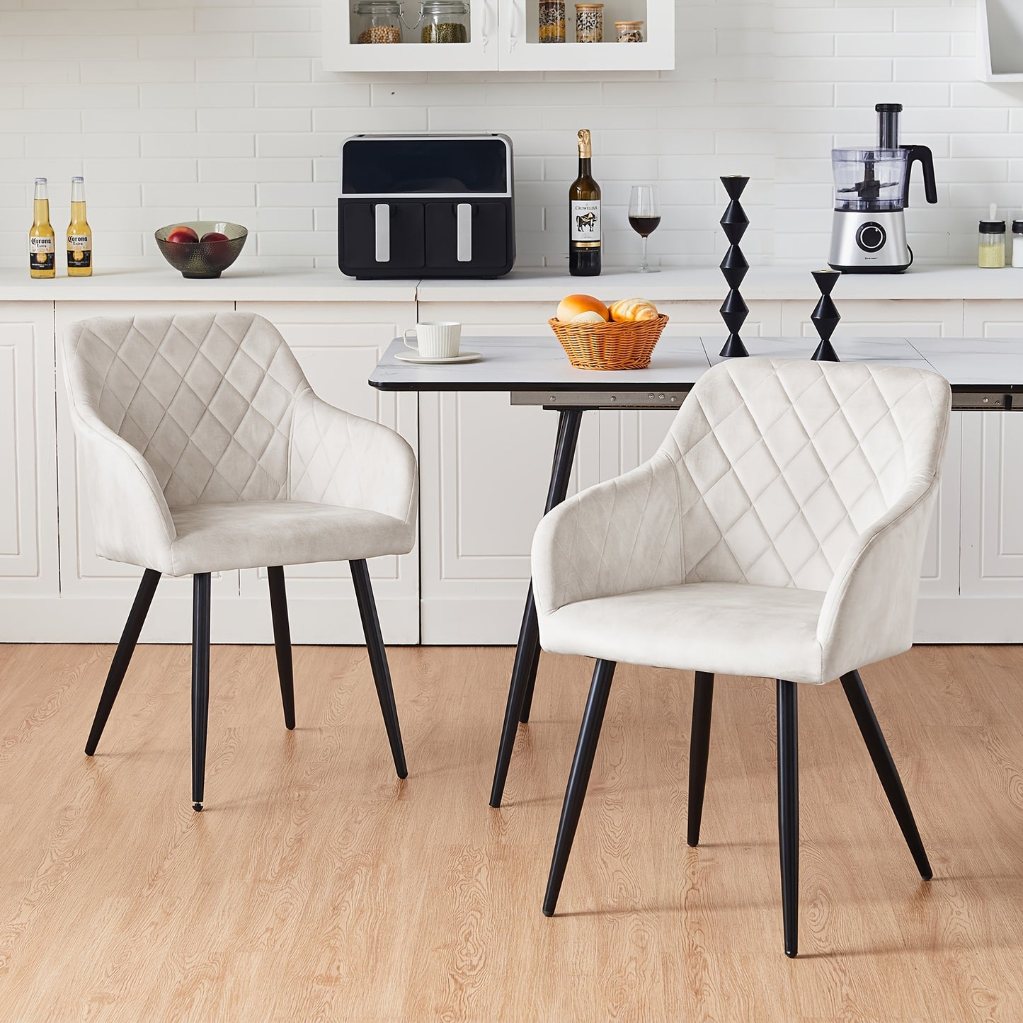 Ensemble de 2 chaises de salle à manger modernes en velours/lin, chaises de loisirs rembourrées avec accoudoirs et pieds en métal, chaises d'angle pour cuisine, salon, bureau à domicile, réception