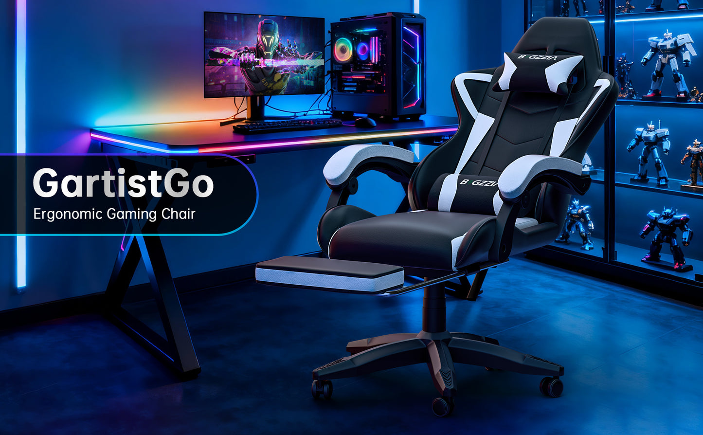 Gartistgo Chaise Gaming Ergonomique - Chaises Gaming avec Coussin Lombaire + Appui-Tête, Chaise de Bureau & Ordinateur Rehausseable pour Adultes, Filles, Garçons (Avec Repose-Pieds)