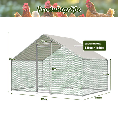 Poulailler 3X2M Cage à Poulets Enclos Extérieur pour l'Élevage en Liberté, Enclos Extérieur avec Serrure de Sécurité, Filet Revêtu et Toit en PE, Enclos pour Poulets, Canards, Lapins et Autres Petits Animaux.