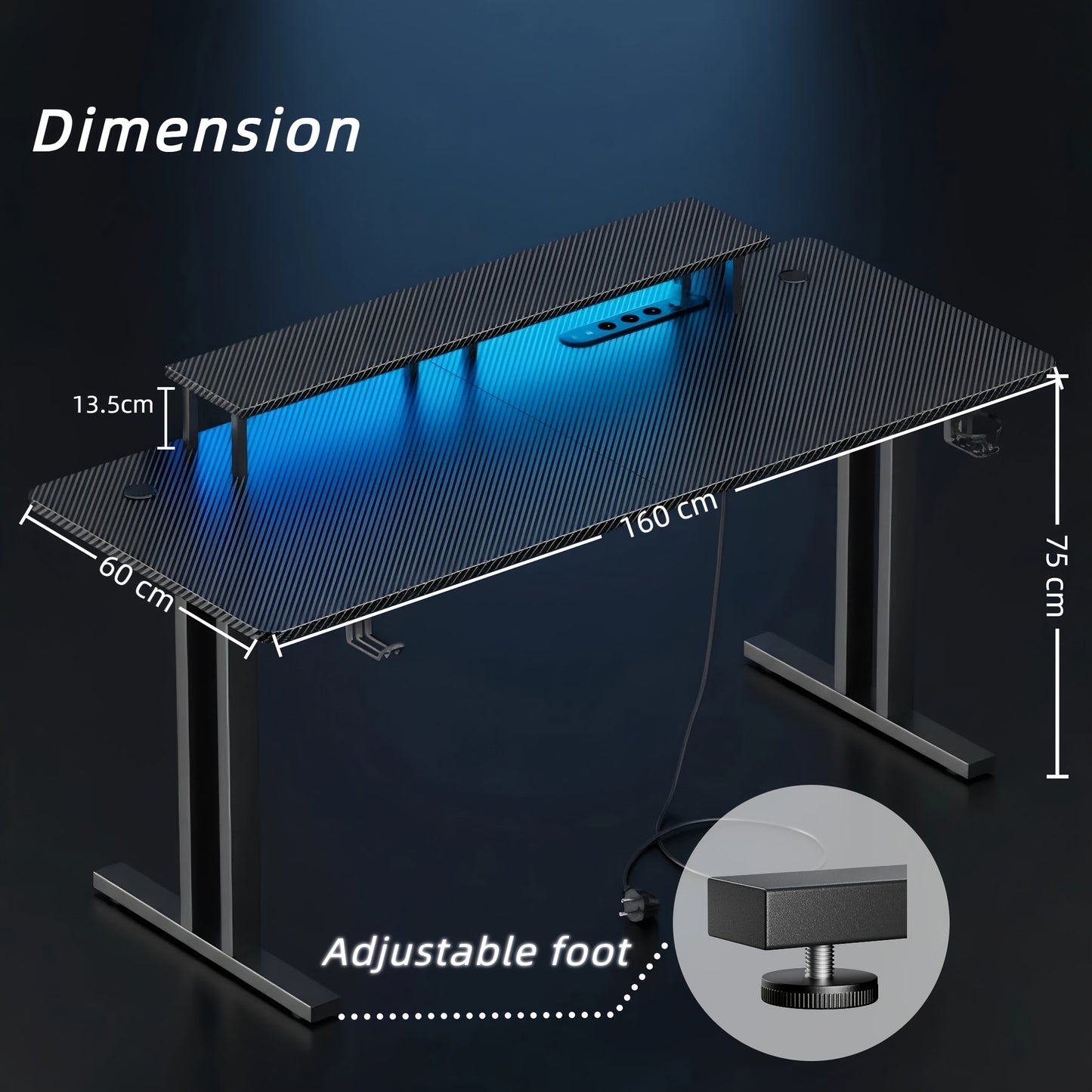 Bureau de Jeu RGB LED avec Prises Électriques et Support pour Moniteur, Poste de Travail Ergonomique pour Ordinateur, Grand Plateau en Fibre de Carbone pour Bureau à Domicile avec Porte-Gobelet et Crochet pour Casque, Noir
