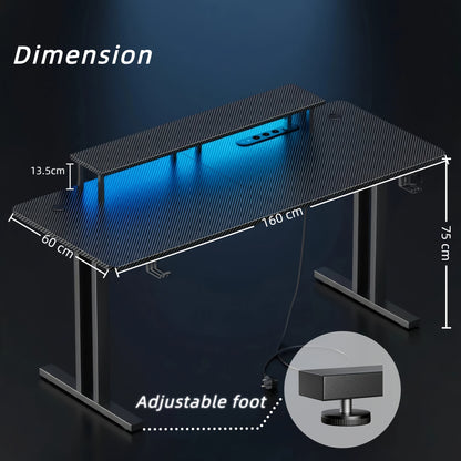 Bureau de Jeu RGB LED avec Prises Électriques et Support pour Moniteur, Poste de Travail Ergonomique pour Ordinateur, Grand Plateau en Fibre de Carbone pour Bureau à Domicile avec Porte-Gobelet et Crochet pour Casque, Noir