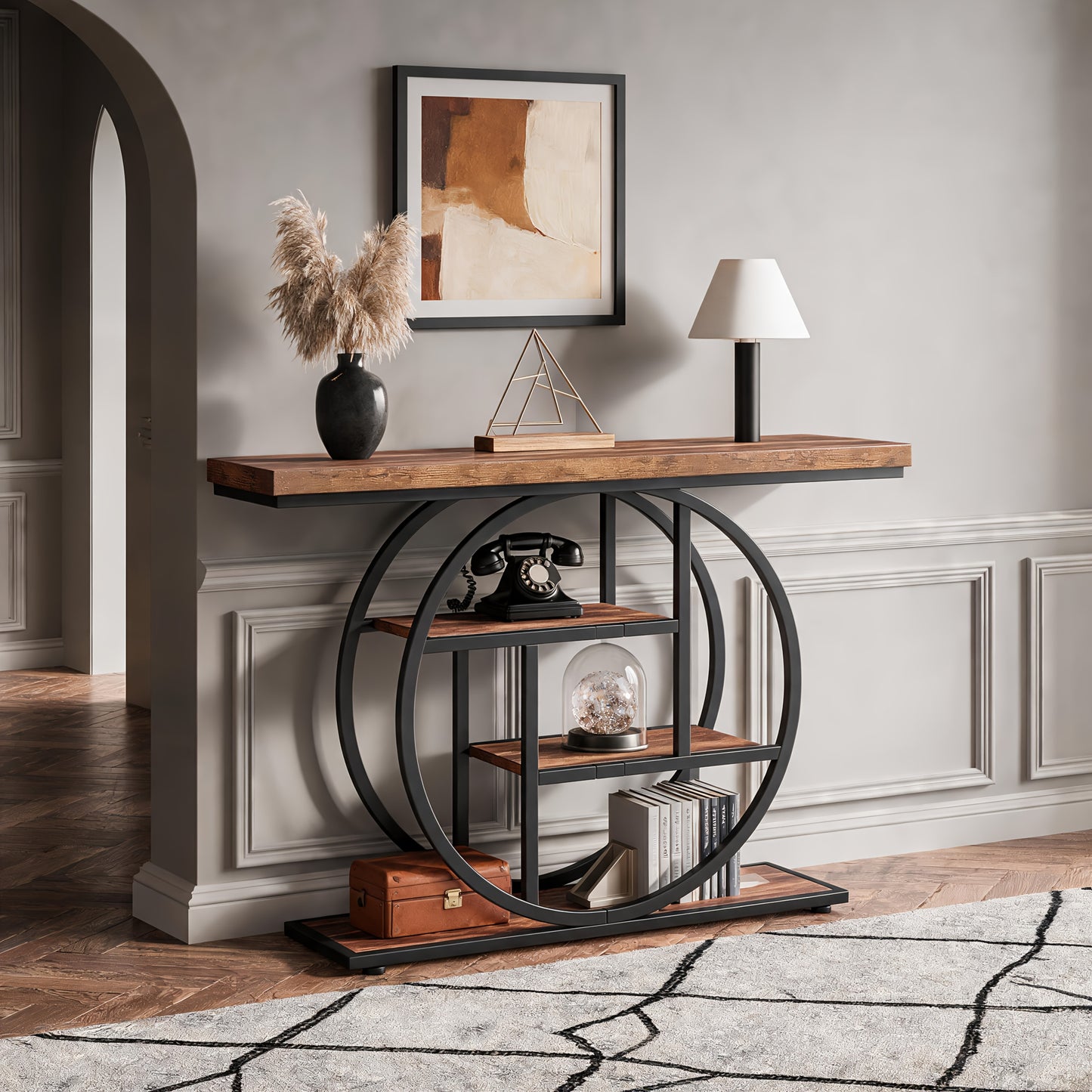 Table Console Moderne à 4 Niveaux avec Base Circulaire, Table d'Entrée Étroite en Bois avec Étagères de Rangement pour Salon, Couloir, Entrée