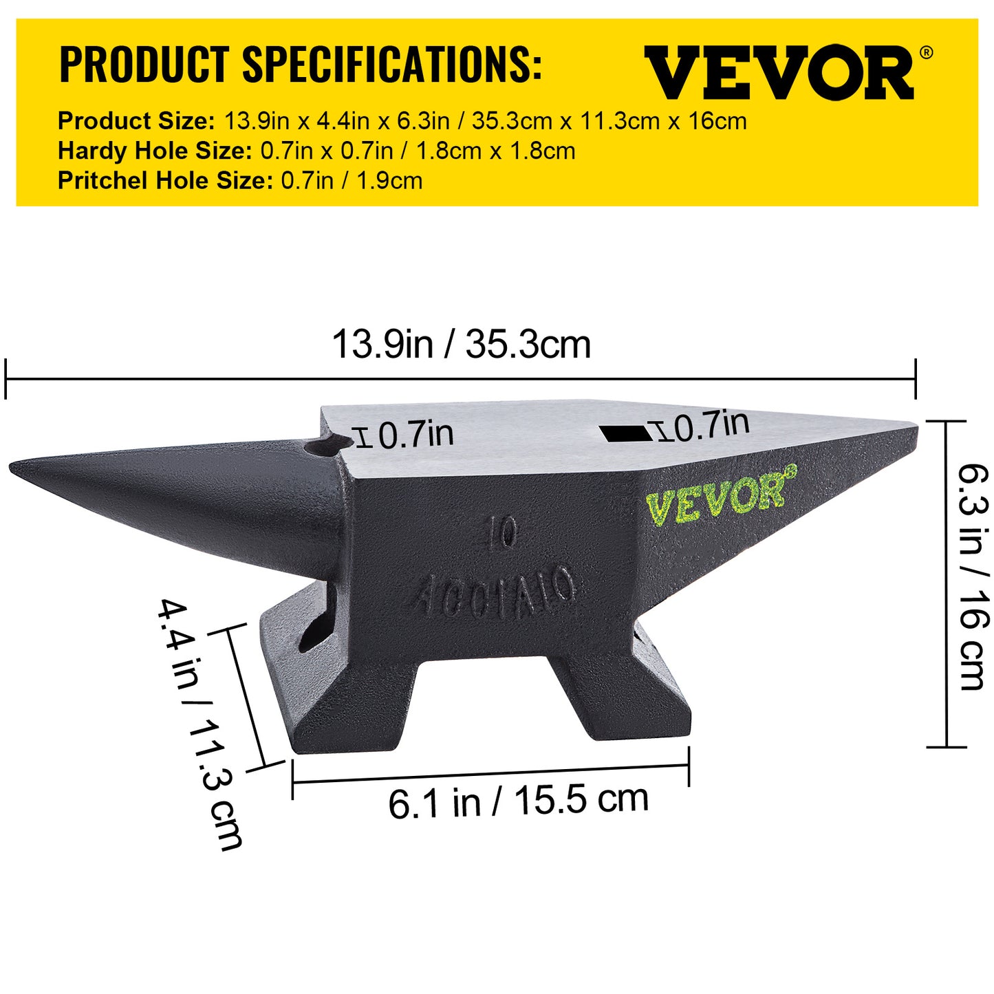 VEVOR Marteau à enclume, 22 Lbs/10kg Enclume à cor unique, avec grand comptoir et base stable, enclume à cor ronde robuste à haute dureté pour forgeron, pour la mise en forme, la torsion