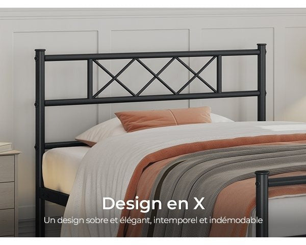 Costoffs Cadre de Lit en Métal Moderne - Structure à 6 Pieds avec Tête de Lit Design en Forme X - Sommier à Lattes Métalliques et Grand Espace de Rangement Sous-lit - Idéal pour Chambre d'Invite, Dortoir ou Appoint - Style Industriel Élégant
