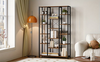 Bibliothèque, étagère sur pied à 6 niveaux, 15 étagères, étagères ouvertes réglables, pour salon, bureau, chambre à coucher, 30 X 100 X 170 Cm, Brun-noir vintage/Noir avec grain de bois