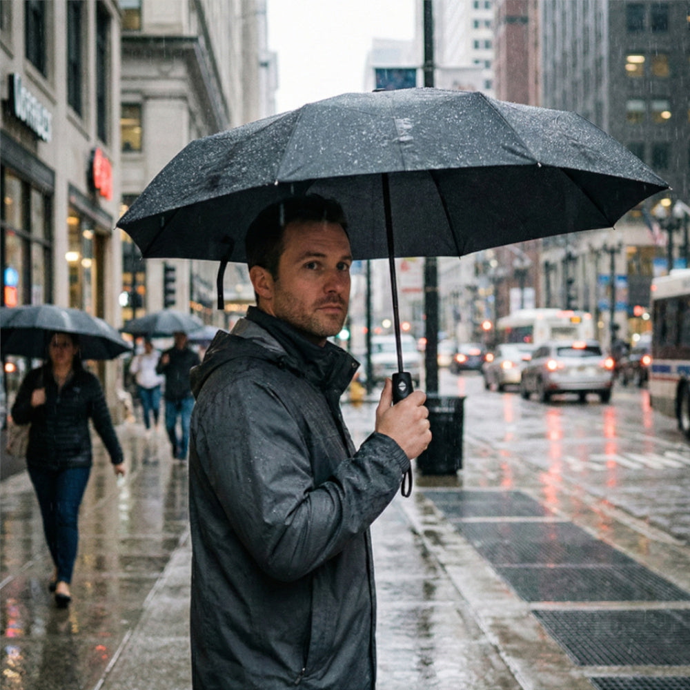 PARAPLUIE XXL NOIRE PLIANTE AUTOMATIQUE ET RÉSISTANTE AU VENT. Ouverture et fermeture à un bouton. Armature robuste à 8 baleines en acier à ressort et fibre de carbone. Diamètre XXL de 96 cm. Matériau à séchage rapide avec revêtement UV. Longueur compacte