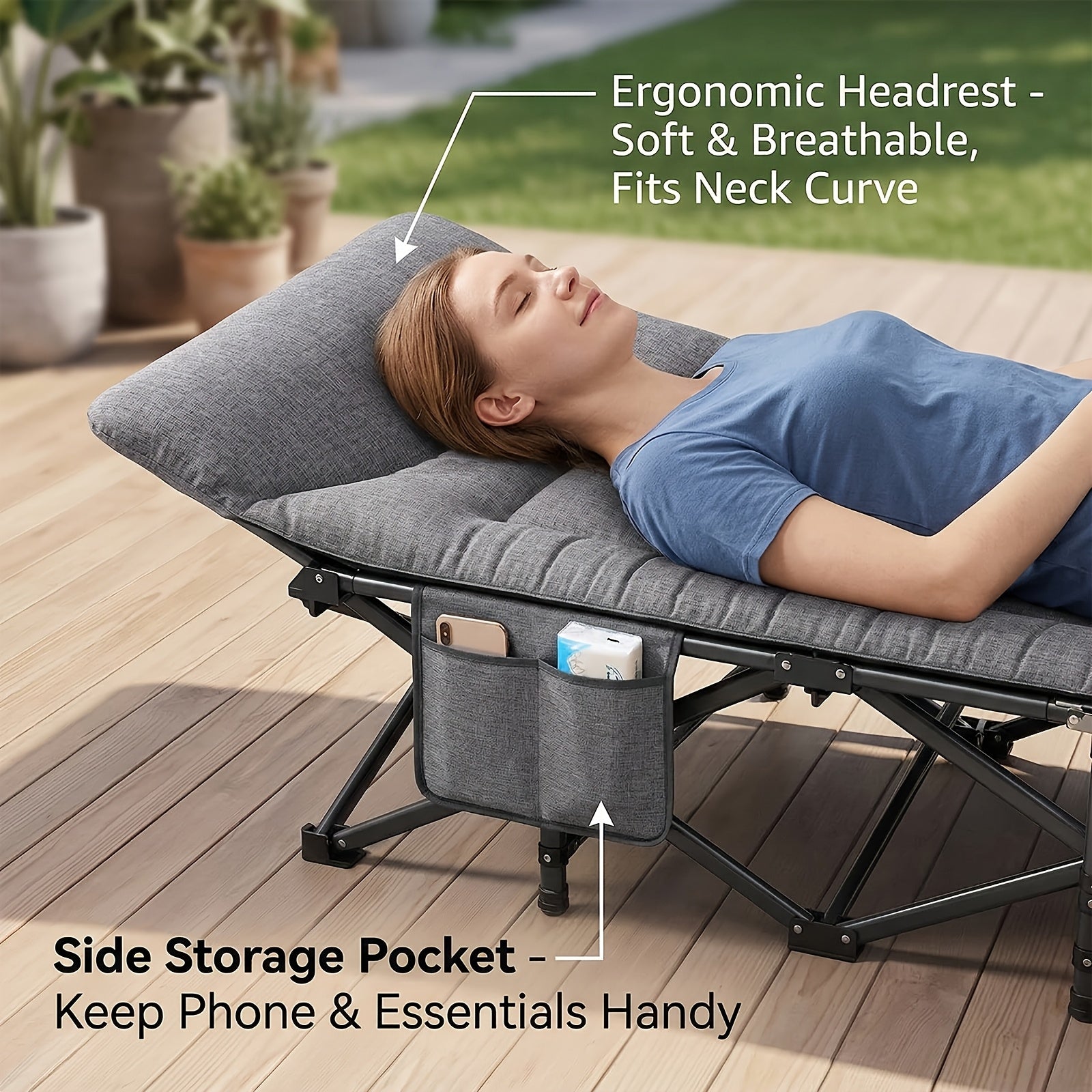 Lit de camping pliant gris, lit de camping rembourré portable, avec sac de rangement latéral, adapté aux jardins, aux cours, à la piscine et au camping, chaise longue d'extérieur inclinable pour le soleil