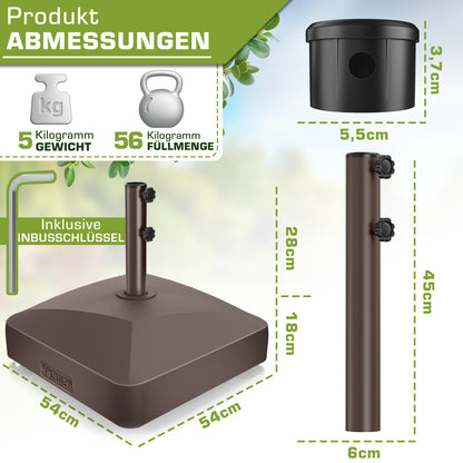 Tillvex® Support de Parasol GRAVIA avec Roues et Freins | Support de Parasol Remplissable 37 Litres / 56 kg | Adapté aux Parasols de Soleil et de Marché Ø 1,8-3,7 m | Roulable, Résistant aux Intempéries et aux UV pour Balcon, Terrasse, Jardin, Petits et G