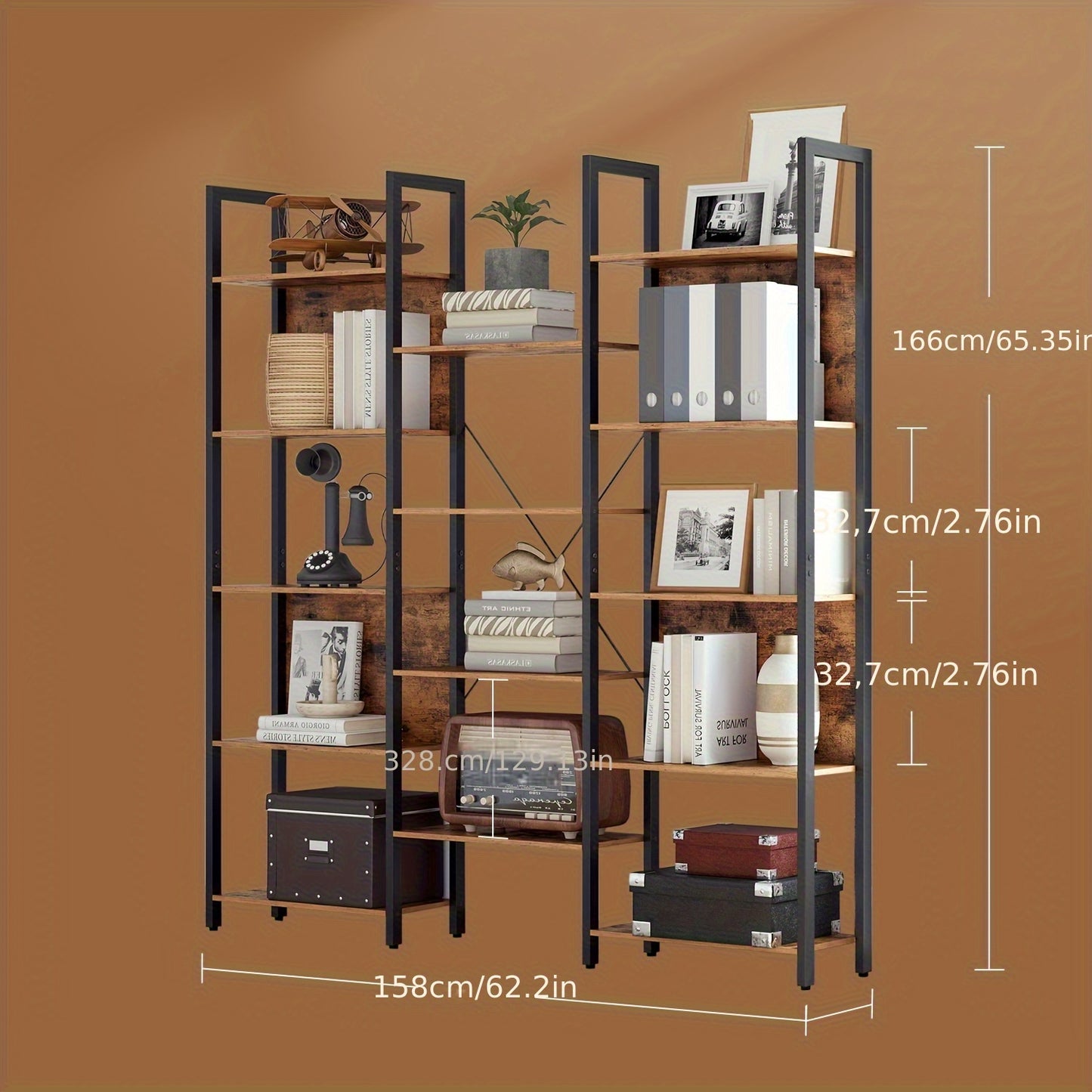 Une bibliothèque à cadre en métal avec 14 étagères, idéale pour un salon ou un bureau à domicile, conçue dans un style industriel, mesurant 24 X 158 X 166 cm
