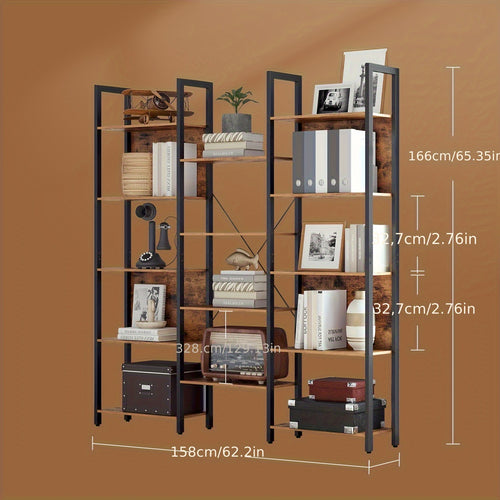 Une bibliothèque à cadre en métal avec 14 étagères, idéale pour un salon ou un bureau à domicile, conçue dans un style industriel, mesurant 24 X 158 X 166 cm