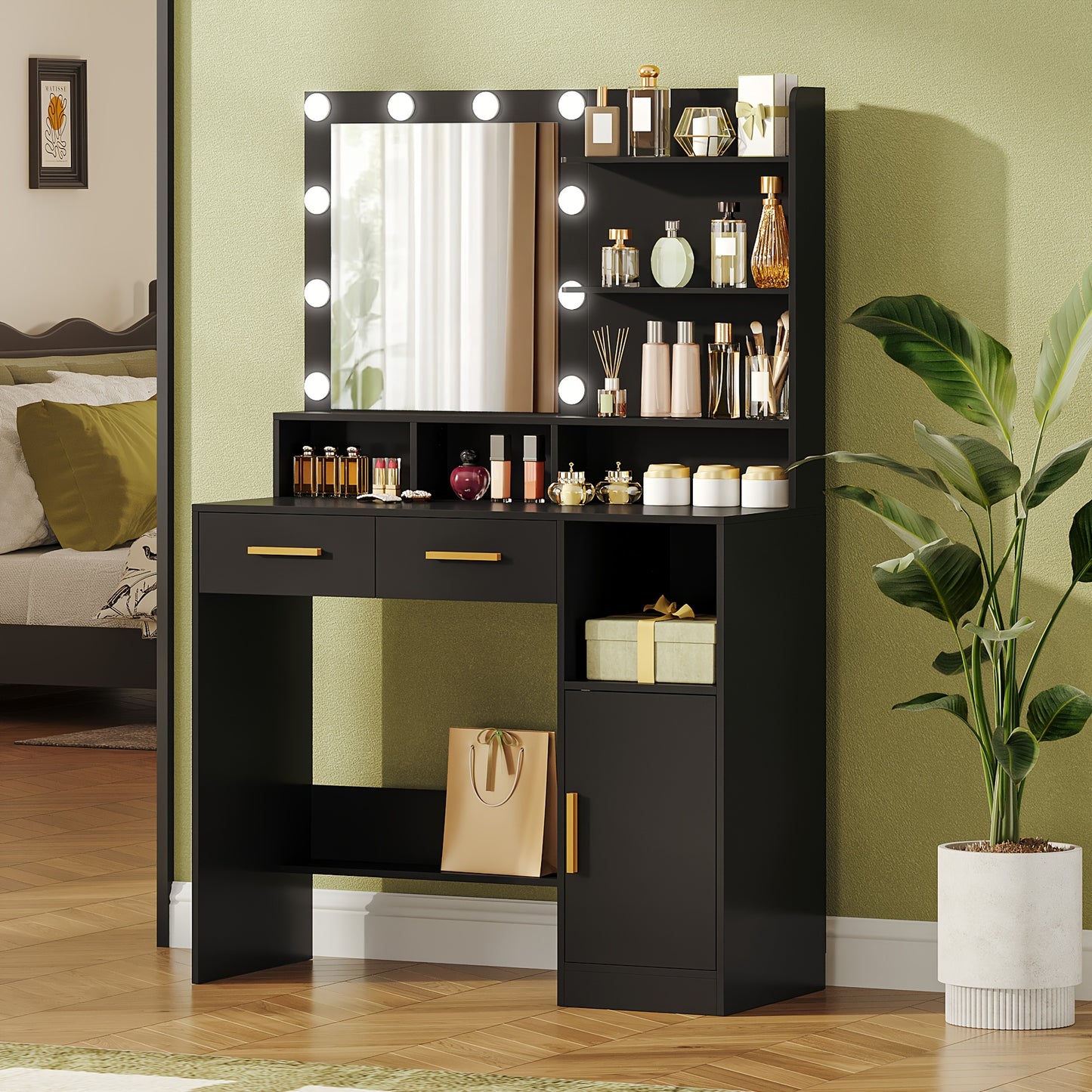 Coiffeuse avec miroir et 10 lumières LED, luminosité réglable, coiffeuse avec 2 tiroirs et 1 meuble, 3 étagères et 4 compartiments ouverts, blanc