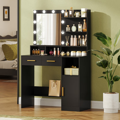 Coiffeuse avec miroir et 10 lumières LED, luminosité réglable, coiffeuse avec 2 tiroirs et 1 meuble, 3 étagères et 4 compartiments ouverts, blanc