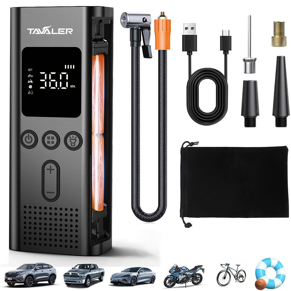 Compresseur d'air portable avec 3 batteries rechargeables, écran LCD, lumière LED et mode SOS - Idéal pour voitures, motos et vélos