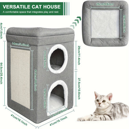 Maison pour Chat Grotte à Trois Étages Nid et Lit avec Planche de Griffoir