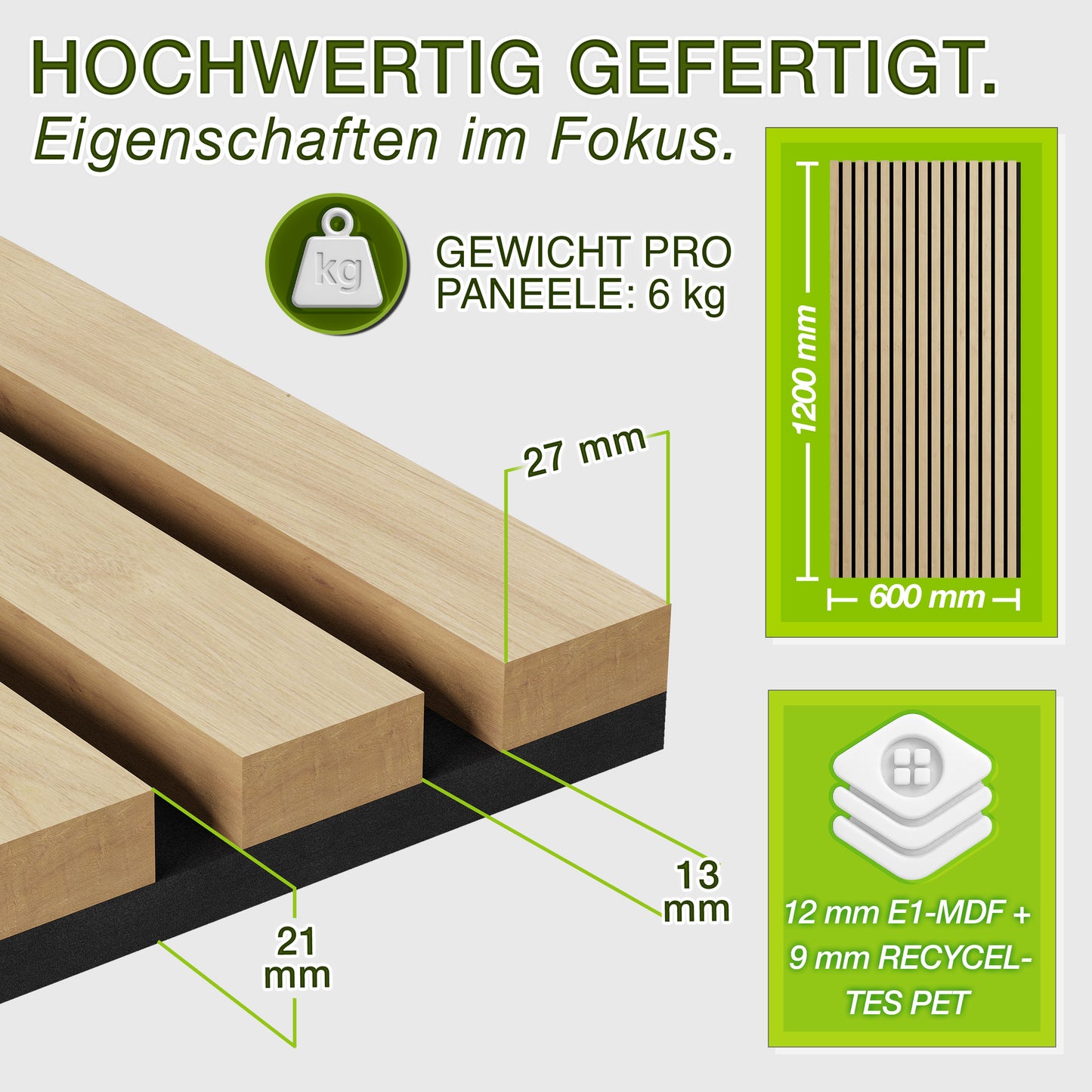 TRESKO® Panneaux Acoustiques Bois 120×60 Cm Ensemble avec Crochets de Porte | Revêtement Mural Intérieur Comme Mur à Lattes 3D | Panneaux de Bois pour Insonorisation | Ensemble de Montage de Panneaux Muraux Acoustiques pour Murs