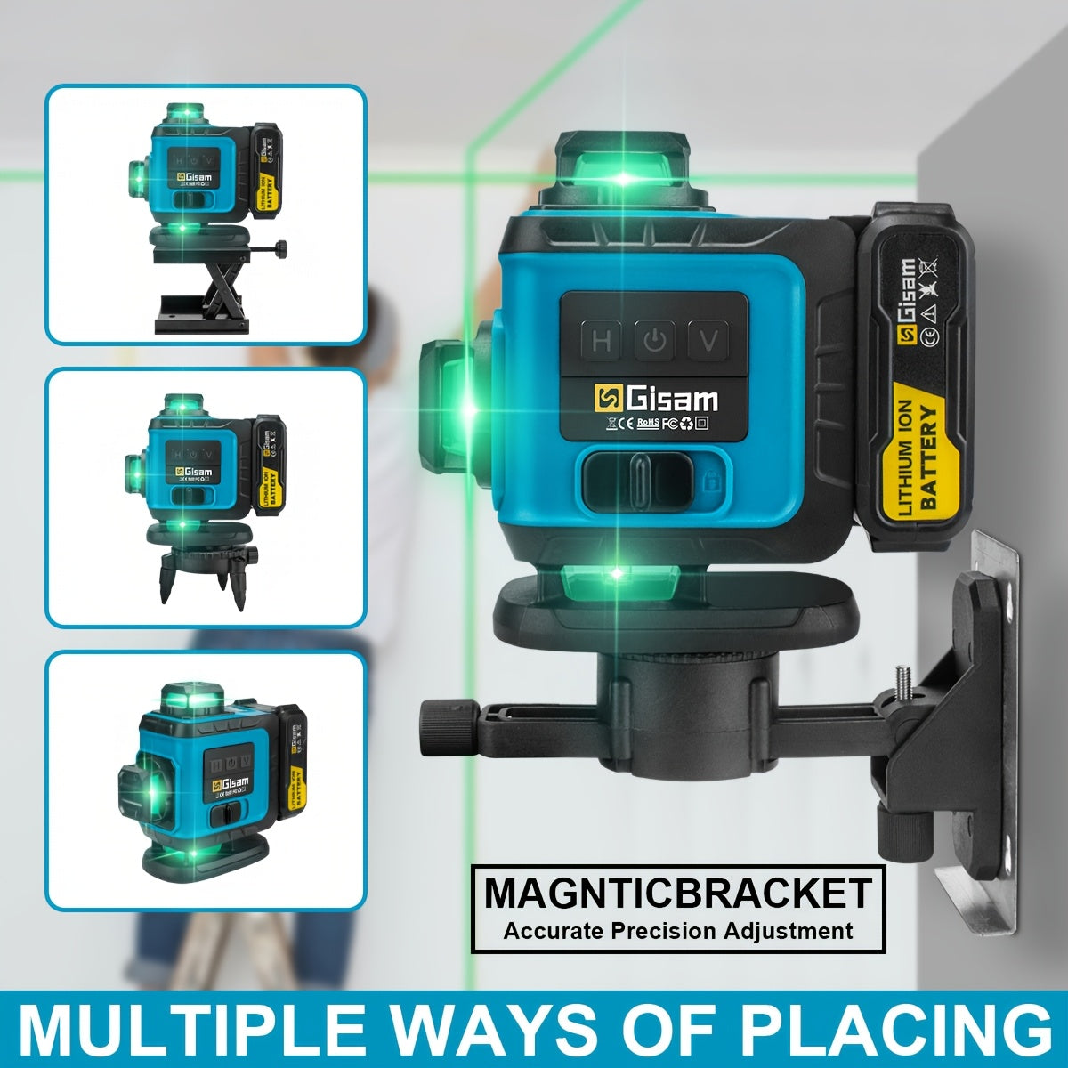 Niveau laser 4D vert Gisam 16 lignes avec trépied et contrôle par application, 4 x 360° auto-nivellement horizontal vertical croisé, outil de construction haute précision avec batterie lithium rechargeable, pour rénovation domicile et projets d'ingénierie