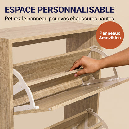 Meuble à chaussures avec 3 compartiments à abattant, armoire de rangement en bois pour jusqu'à 18 paires, organisateur d'entrée peu encombrant