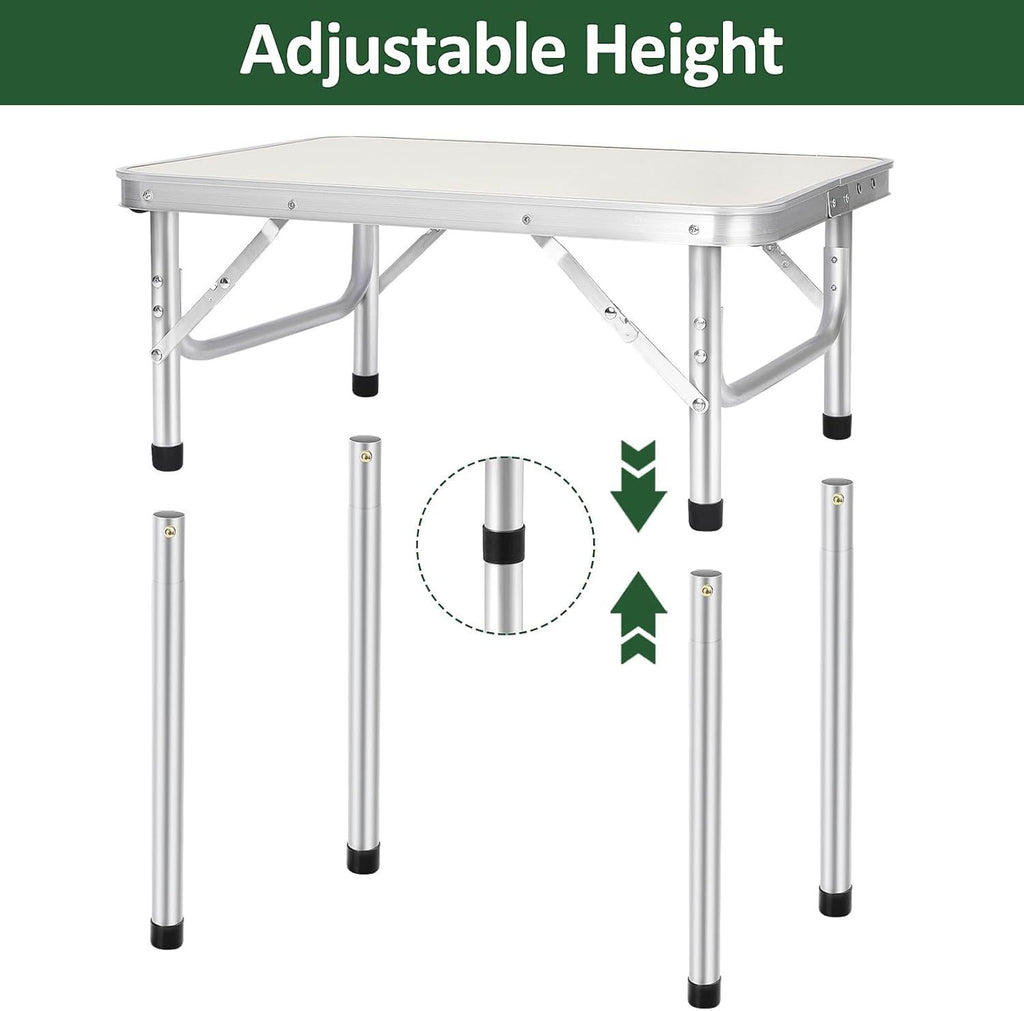 Table pliante 2 pieds robuste à hauteur réglable, table de camping portable avec poignée de transport, pour intérieur extérieur jardin fête BBQ 60x45x26/56 cm en aluminium, bureau BBQ pour cuisine extérieure