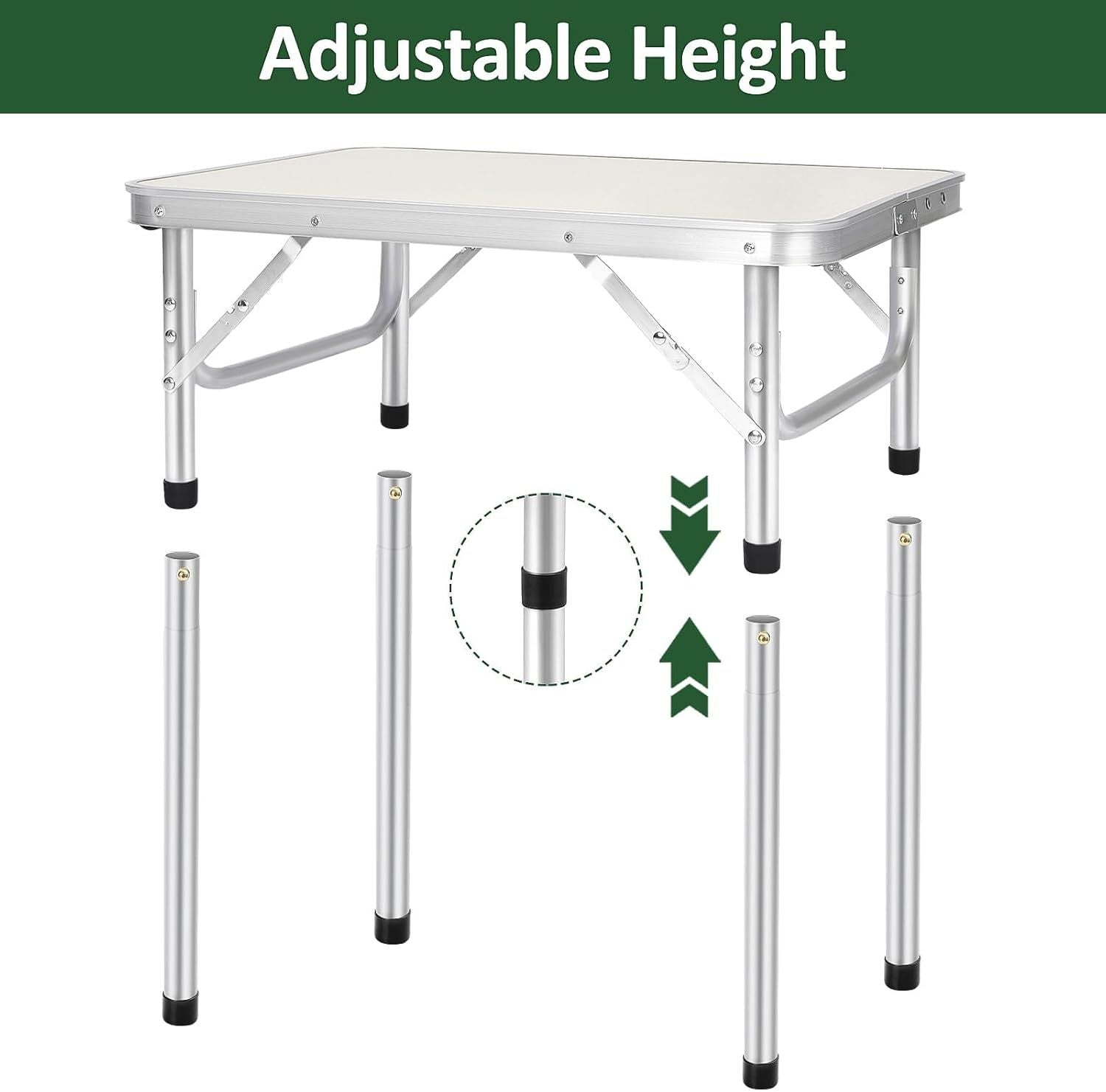 Table pliante 2 pieds robuste à hauteur réglable, table de camping portable avec poignée de transport, pour intérieur extérieur jardin fête BBQ 60x45x26/56 cm en aluminium, bureau BBQ pour cuisine extérieure