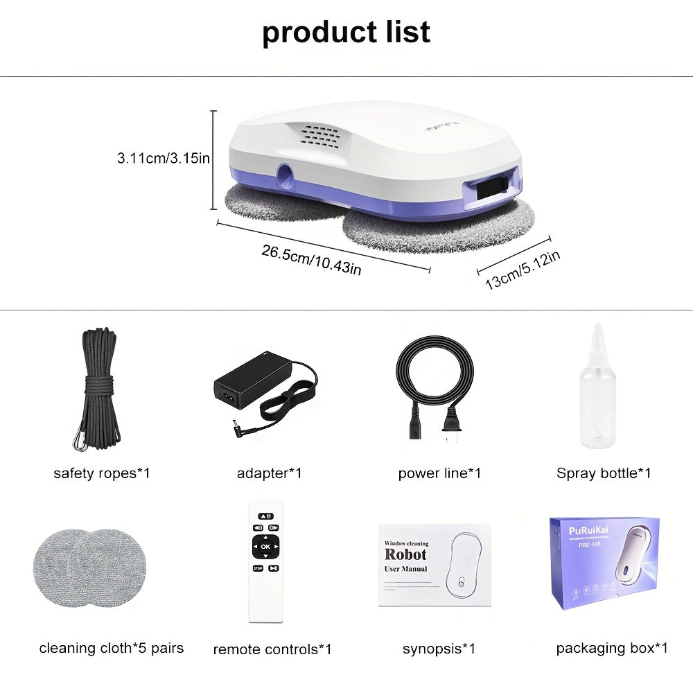 Robot Nettoyeur de Fenêtres Automatique PuRuiKaiM8 2026 | Alimentation Continue, Pulvérisation d'Eau Bidirectionnelle Automatique + Télécommande Intelligente | Corde de Sécurité -Chute de 4,5 mètres | Inclut 10 Chiffons de Nettoyage + Bouteille de Pulvéri