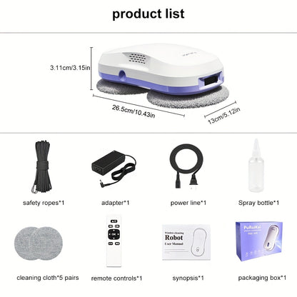 Robot Nettoyeur de Fenêtres Automatique PuRuiKaiM8 2026 | Alimentation Continue, Pulvérisation d'Eau Bidirectionnelle Automatique + Télécommande Intelligente | Corde de Sécurité -Chute de 4,5 mètres | Inclut 10 Chiffons de Nettoyage + Bouteille de Pulvéri