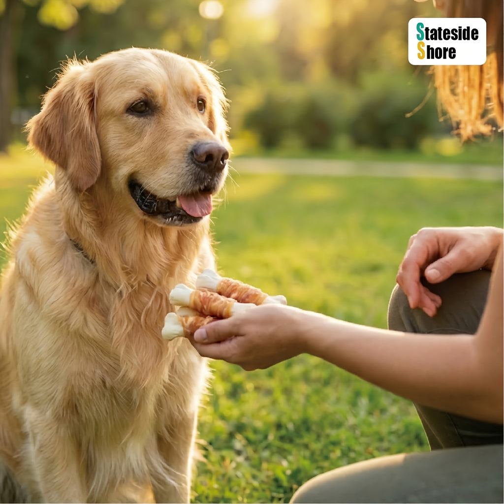 Bâtonnets pour chien en os de calcium enveloppé de poulet | Sans cuir crêpé, récompenses d'entraînement à haute teneur en protéines, nettoyage des dents, haleine fraîche et collations de supplément de calcium à faible teneur en graisse pour toutes les rac