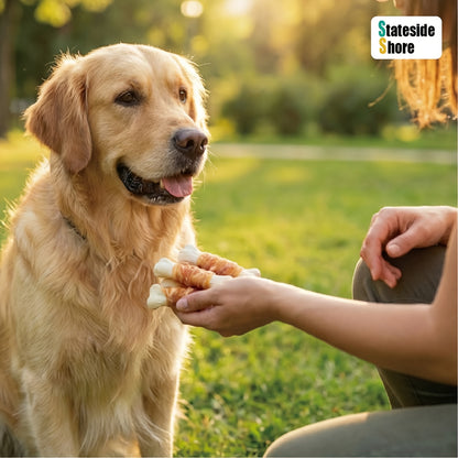 Bâtonnets pour chien en os de calcium enveloppé de poulet | Sans cuir crêpé, récompenses d'entraînement à haute teneur en protéines, nettoyage des dents, haleine fraîche et collations de supplément de calcium à faible teneur en graisse pour toutes les rac