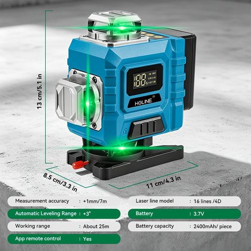 1 Ensemble Niveau Laser 16 Lignes à Mise à Niveau Automatique, Outil de Niveau Laser à Ligne Croisée Verte 4D 4X360° avec 2 Batteries Rechargeables, pour la Construction et la Suspension de Tableaux