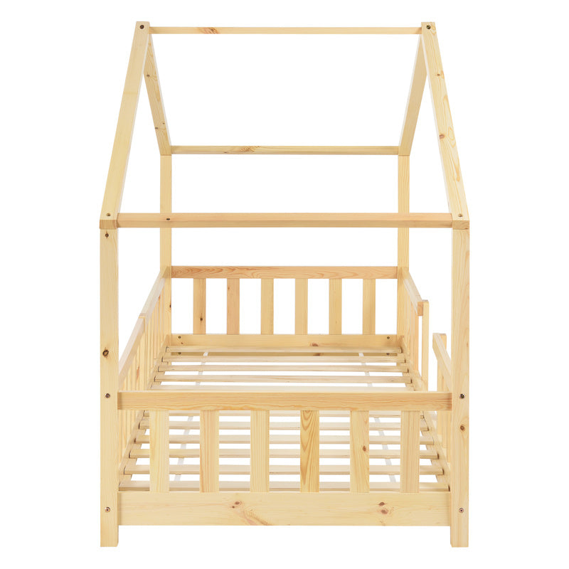 Lit pour enfants Treviolo de style maison avec protection contre les chutes en bois de pin