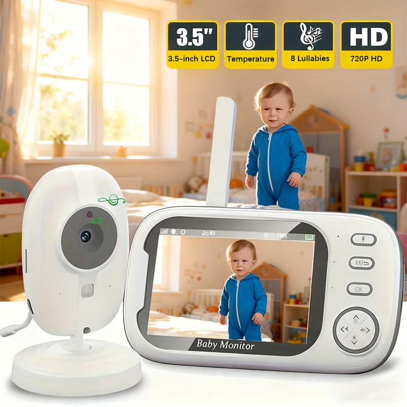 Moniteur sans fil 720HD avec écran LCD de 8,89 cm, moniteur HD avec audio bidirectionnel, 8 berceuses, rappel d'alimentation, détection de pleurs VOX, alerte de température, vision nocturne, sans fil 2,4G, rotation manuelle et enregistrement en boucle, pa