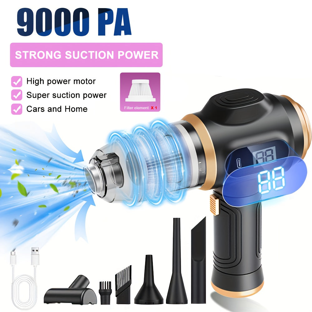 BELIBUY Aspirateur à main multifonction USB rechargeable, affichage de la puissance, lames de ventilateur, faible bruit de 70 Db, double usage soufflerie et aspiration, nettoyage bidirectionnel double mode, utilisation à la maison et en voiture, cartouche