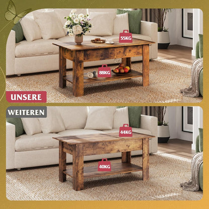 Table Basse Réglable en Hauteur avec Étagère, Table de Salon Rectangulaire avec Espace de Rangement Ouvert et Caché, Table de Salon pour Salon, Chambre à Coucher