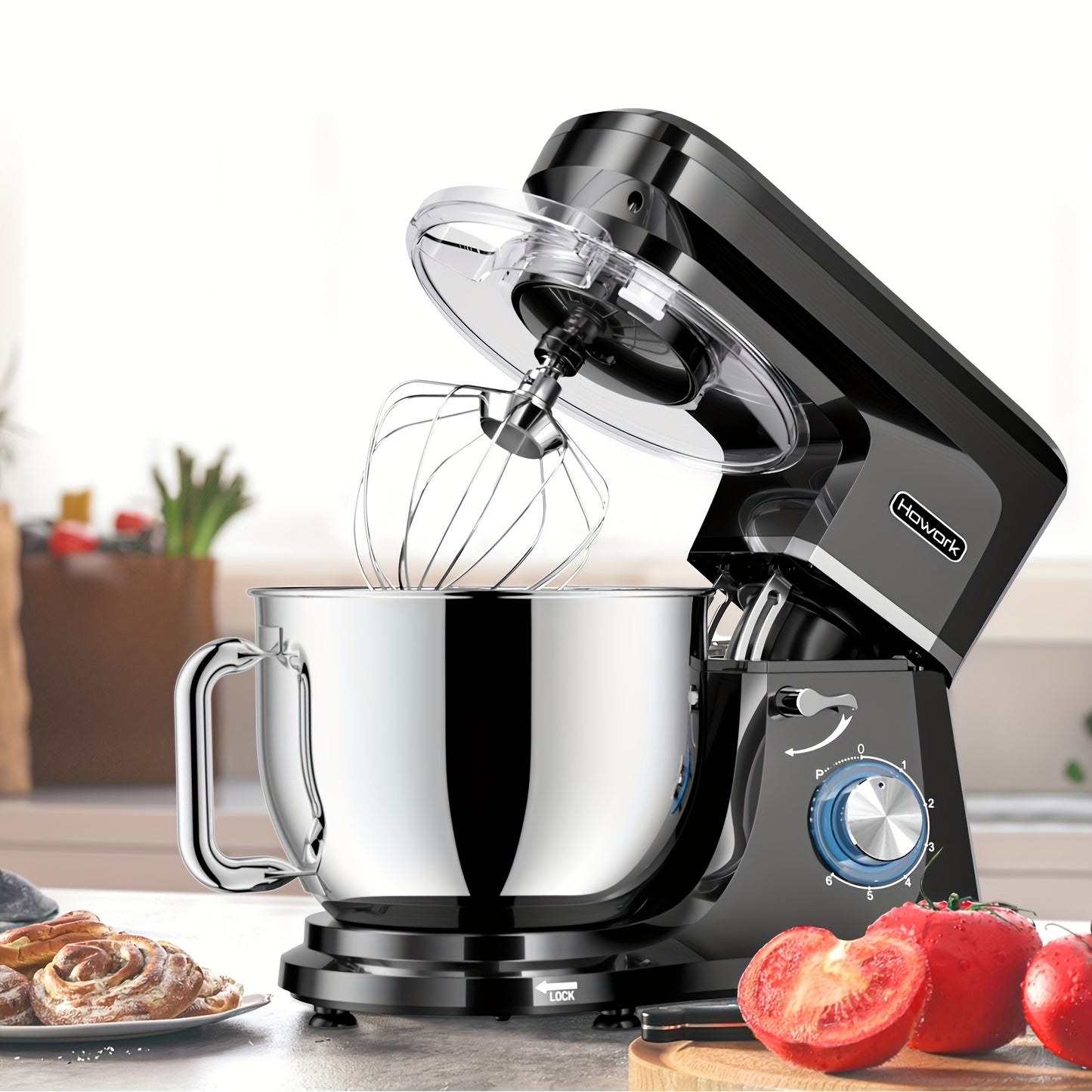Machine à pétrir Howork, machine à pétrir professionnelle, robot culinaire multifonction silencieux de 7,2 litres, avec fouet, mélangeur, crochet, bol en acier inoxydable, 6 vitesses