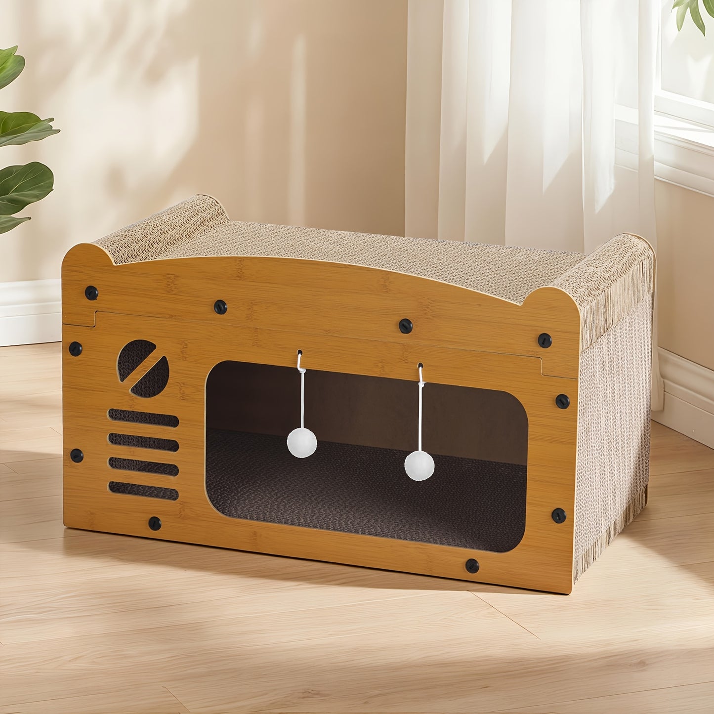 Grand griffoir lit pour chat avec jouets suspendus et coussin confortable - Carton durable, conception à plusieurs niveaux pour toutes les tailles de chats, cadeau d'été parfait pour les amoureux des chats, griffoir | Fauteuil décoratif | Construction rob