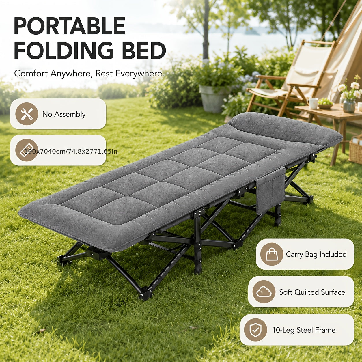 Lit de camping pliant gris, lit de camping rembourré portable, avec sac de rangement latéral, adapté aux jardins, aux cours, à la piscine et au camping, chaise longue d'extérieur inclinable pour le soleil