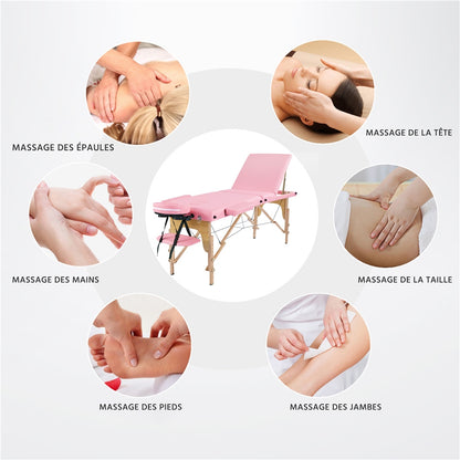 Costoffs Table de Massage Professionnelle 3 Sections Pliable - Hauteur Réglable (8 Niveaux) - Structure en Bois de Hêtre Rose Massif 250kg - Avec Dossier/Têtière/Repose-bras - Pour Clinique, Domicile, Salon de Beauté & Spa