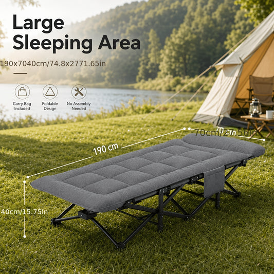 Lit de camping pliant gris, lit de camping rembourré portable, avec sac de rangement latéral, adapté aux jardins, aux cours, à la piscine et au camping, chaise longue d'extérieur inclinable pour le soleil