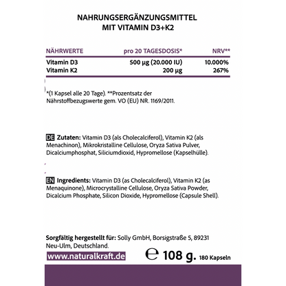 NATURALKRAFT® Vitamine D3 + K2 Premium, 20 000 UI + 200 mcg, Dépôt (180 gélules, Dose élevée et Végane) – Qualité Marque Allemande
