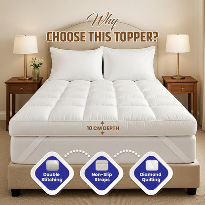 Surmatelas Matelassé Ondulé 10CM 1000GSM - Rembourrage Ultra-Doux en Peluche Style Oreiller, Respirant & Confort Toutes Saisons, Sangles d'Angle Élastiques Sécurisées, Lavable en Machine, Idéal Pour Chambre, Chambre d'amis, Dortoir, Canapé-Lit