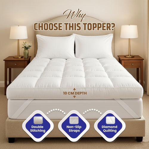 Surmatelas Matelassé Ondulé 10CM 1000GSM - Rembourrage Ultra-Doux en Peluche Style Oreiller, Respirant & Confort Toutes Saisons, Sangles d'Angle Élastiques Sécurisées, Lavable en Machine, Idéal Pour Chambre, Chambre d'amis, Dortoir, Canapé-Lit